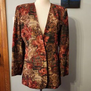 Casual Corner Vintage Long Blazer Suit Jacket Floral Size 8 Poly/Wool Dark Red